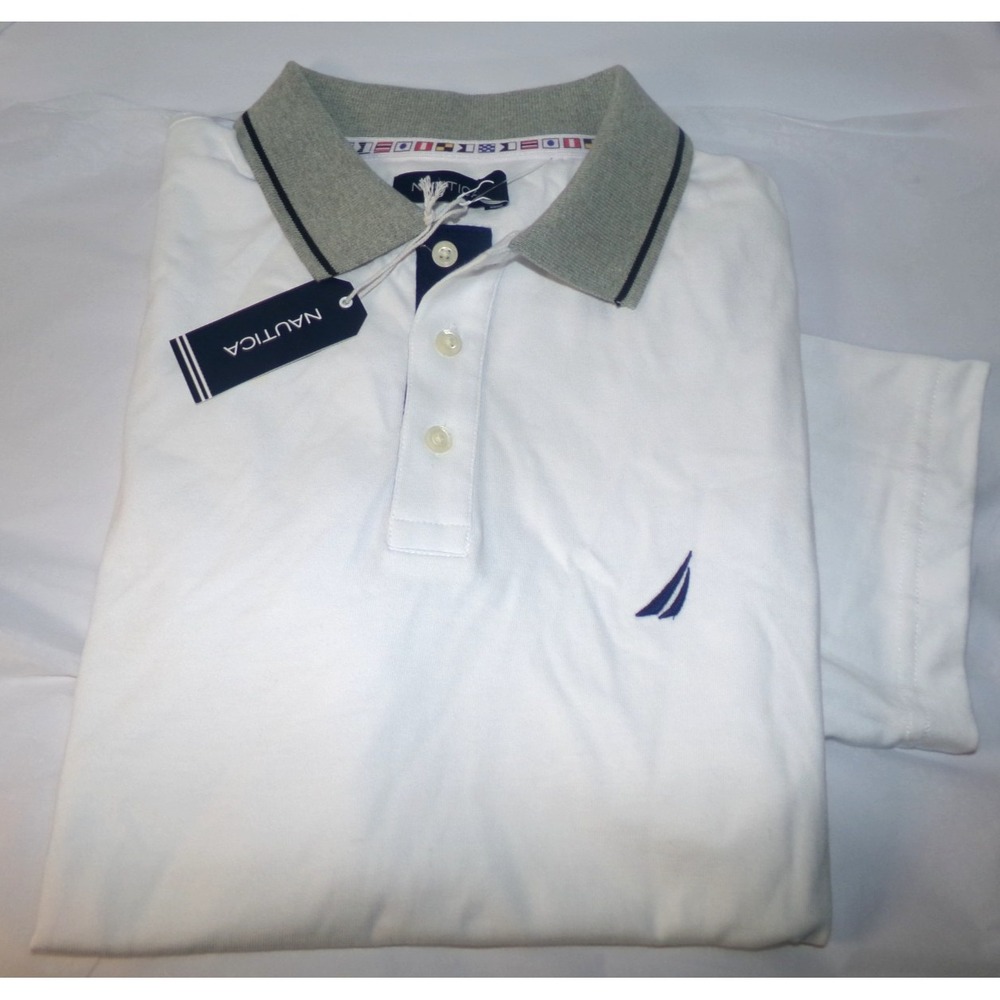 MEN'S NAUTICA S/S SZ MED POLO SHIRT~WHITE‎ & GRAY~NWT